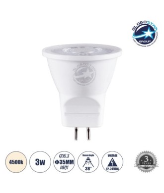 GLOBOSTAR® TINO 60109 Σποτ GU5.3 MR11 LED 3W 315lm 38° DC 12-24V IP20 Φυσικό Λευκό 4500K -Lumileds SMD Chip - Μ3.5 x Π3.5 x Υ3.5cm - 3 Χρόνια Εγγύηση